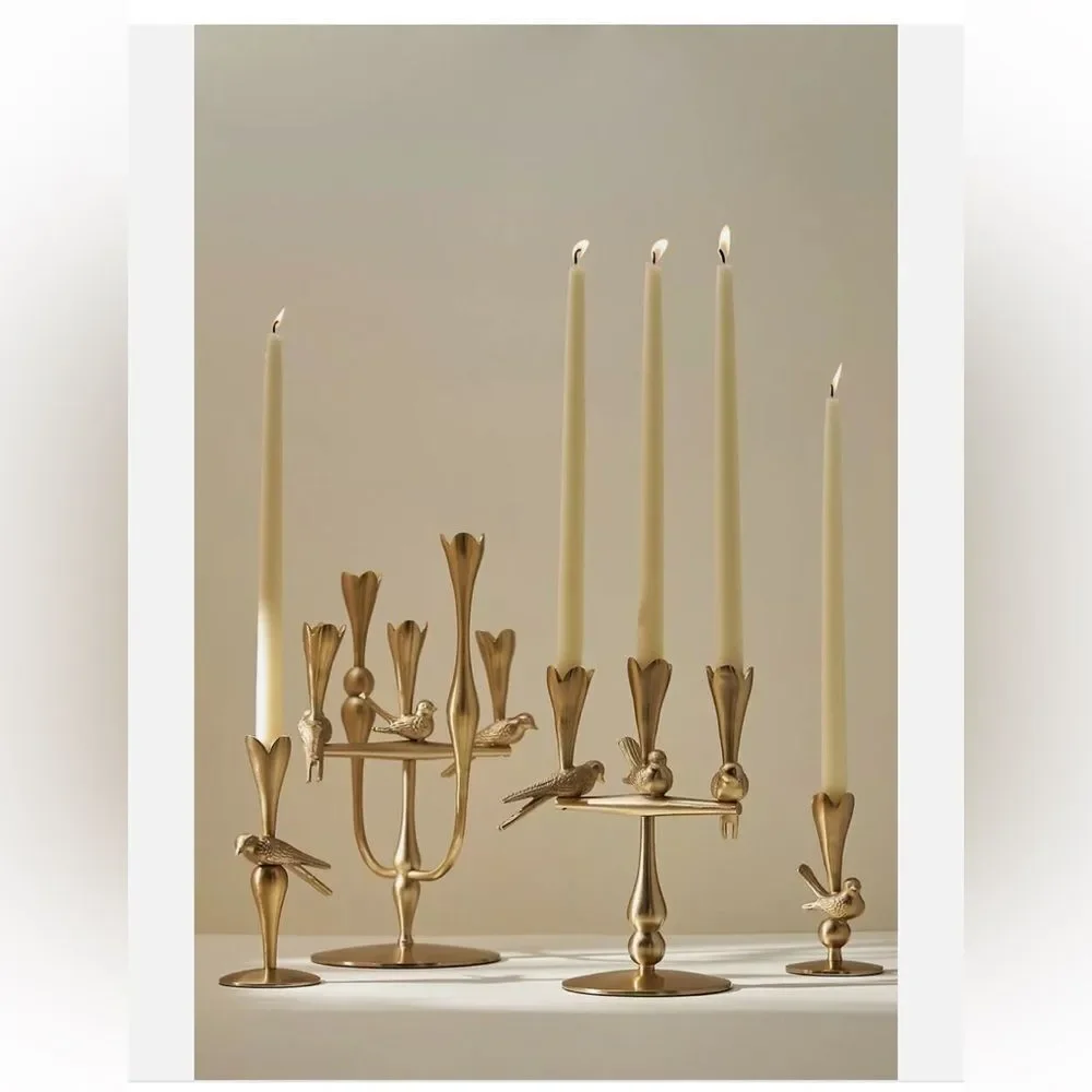 Anthropologie Marizia Sparrow Metal Taper Candle Holder Gold Birds Nature
